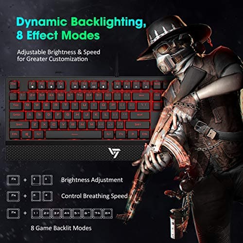 VicTsing Gaming Keyboard Wired, Red LED Backlit Mechanical Keyboard with Red Switch, 100% Anti-ghosting, Waterproof, Quiet Computer Keyboard with Detachable Ergonomic Wrist for Mac, PC Gamer image