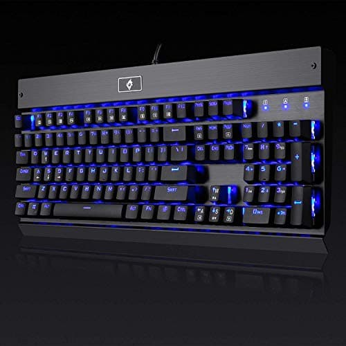 Eagletec KG010 Mechanical Keyboard Blue Switches 104 Lighted Keys Natural Ergonomic Aluminum Design for Windows PC Office and Gaming (Black Keyboard Blue LED Backlit) image