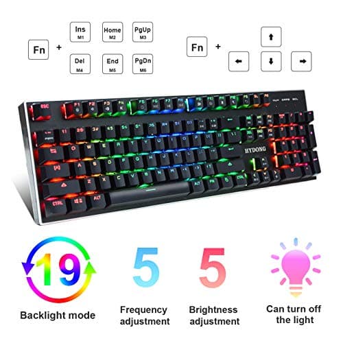 HYDONG RGB LED Backlit Mechanical Gaming Keyboard with Black Switch, 104 Anti-ghosting Standard Keys, Support Macro Setting, Aluminum Base, Non-Slip Spill-Resistant, USB Wired for PC, Laptop, Computer image