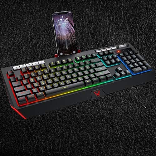 PICTEK RGB Gaming Keyboard 【Upgraded】 with Phone Holder, Volume Wheel, Customizable RGB Backlit Wired Keyboard, 9 Independent Multimedia Keys, Computer Keyboard for Mac/PC Gamers, Sega Saturn Games image