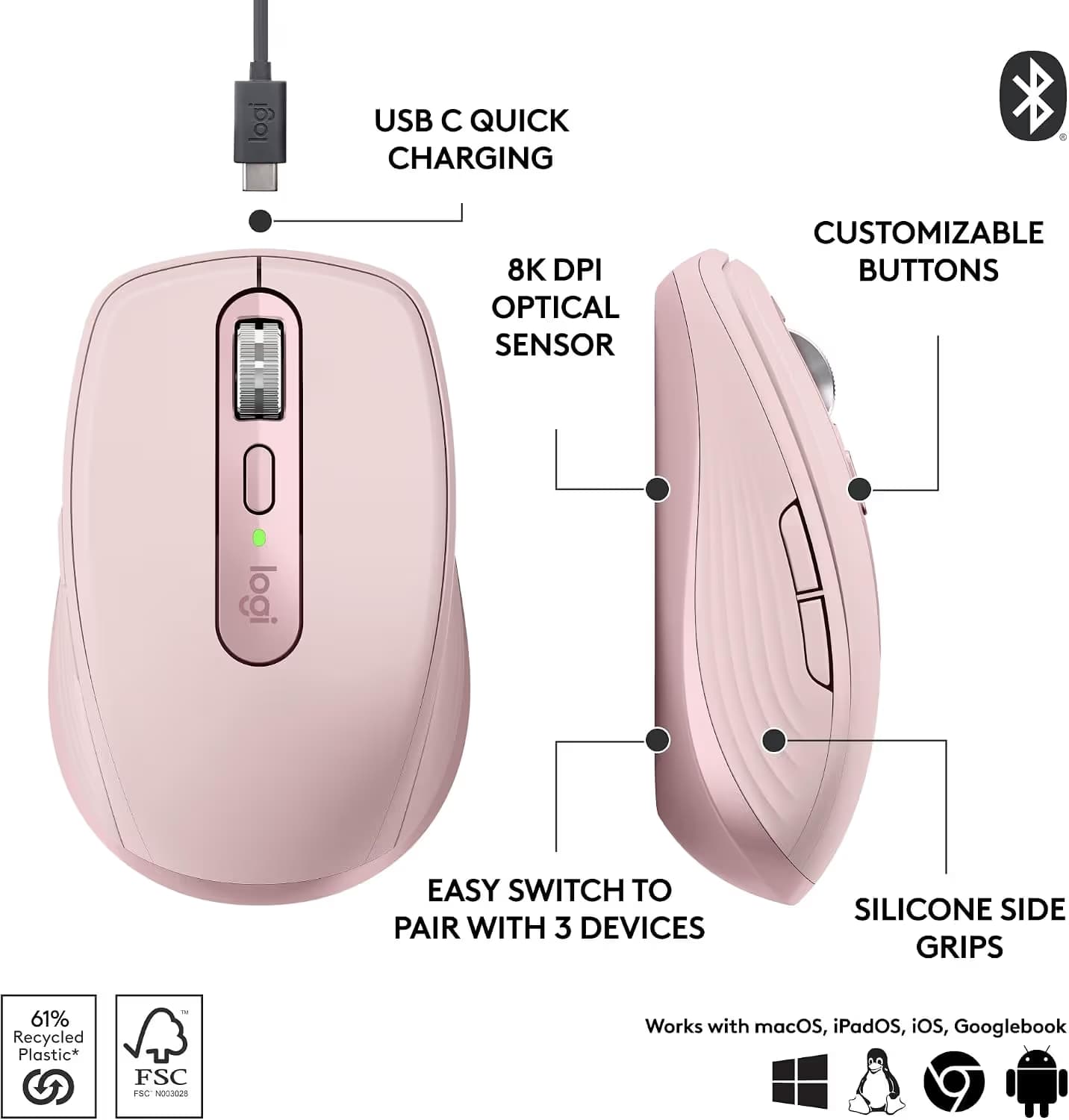 Logitech MX Anywhere 3S Laser Bluetooth Wireless Wired Mouse - Rose image