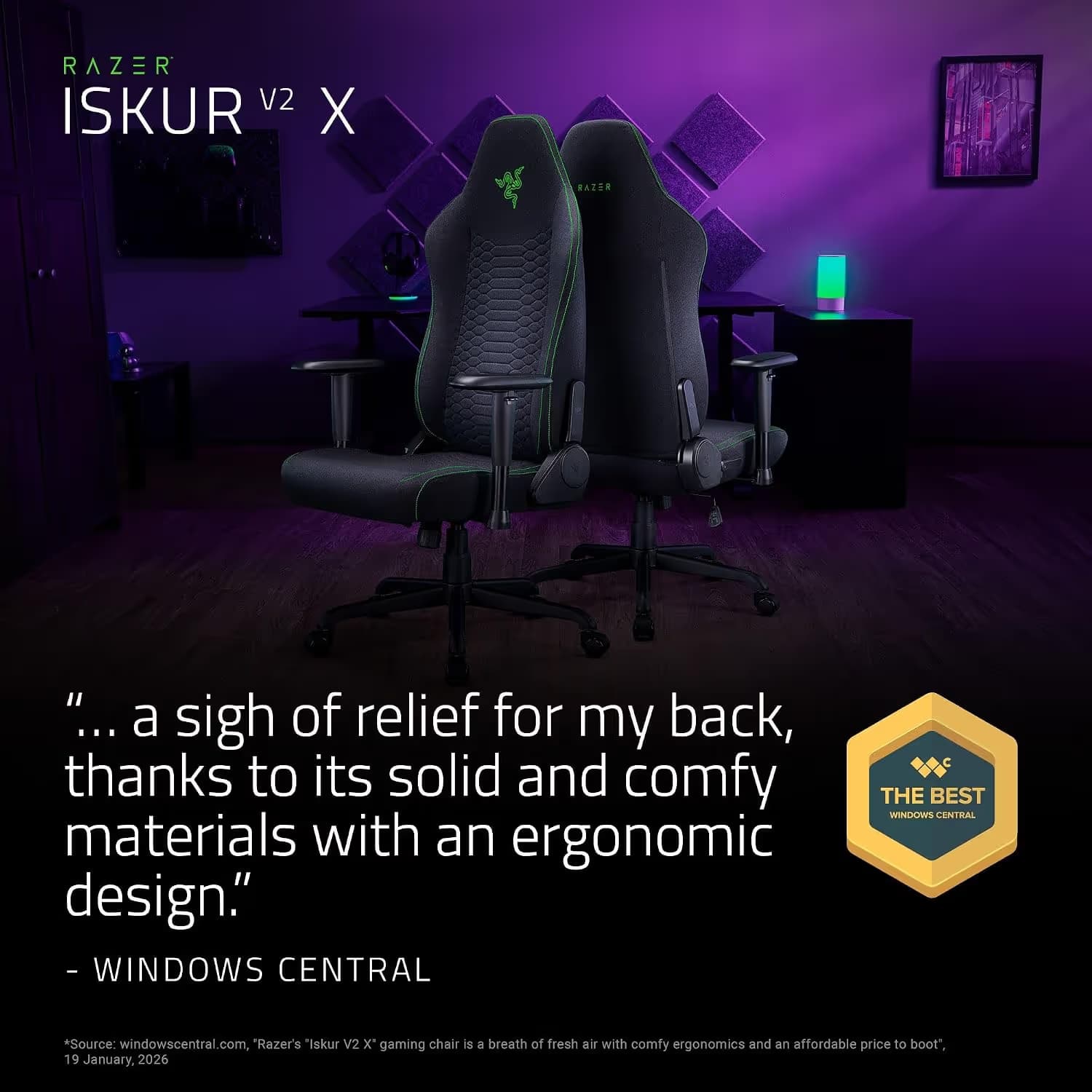 Razer Iskur V2 X - Black / Green - Fabric image