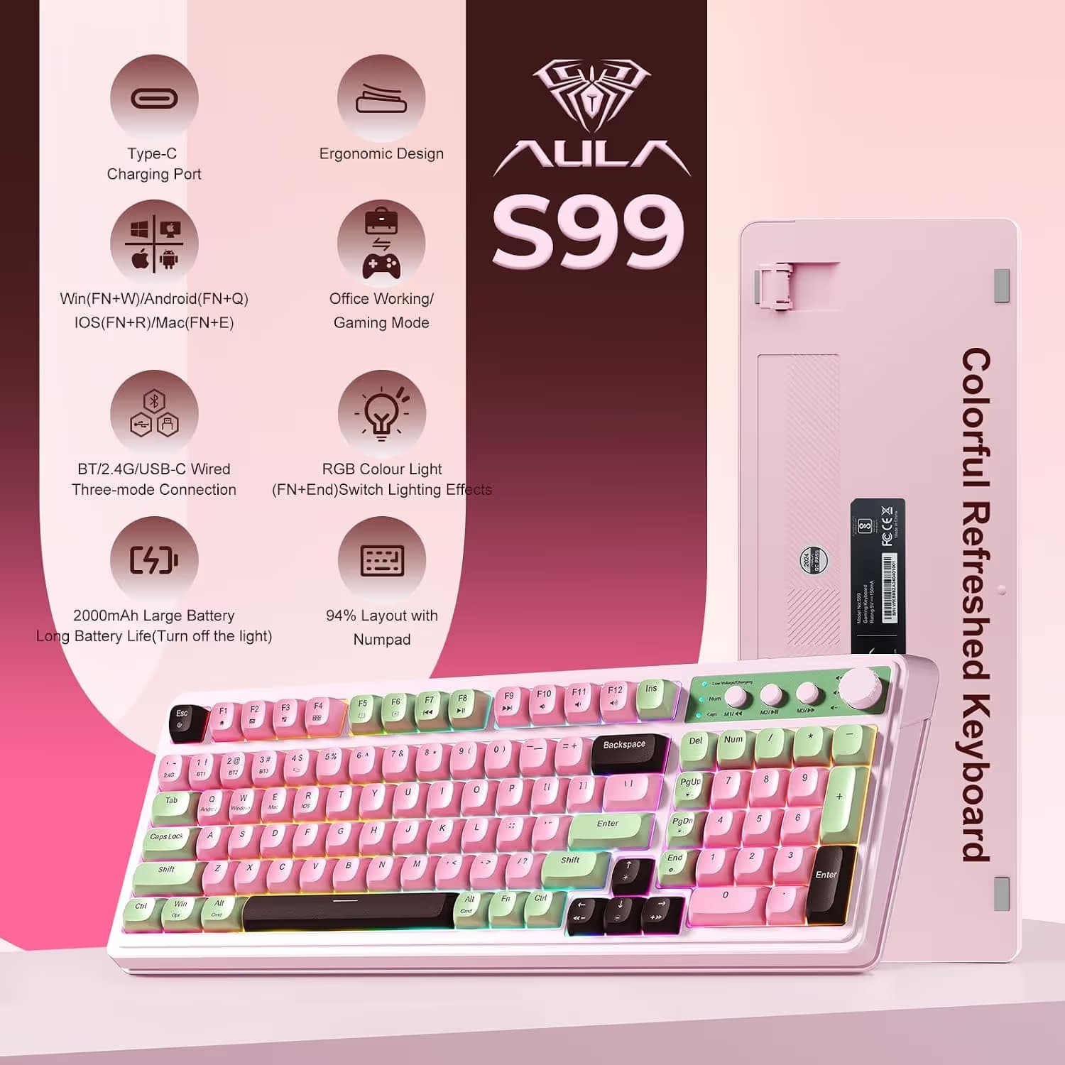 AULA S99 Tri-Mode (2.4G/BT/Wired) Programmable Full Size Membrane Gaming Keyboard image