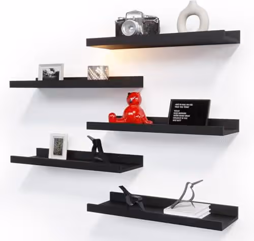 RICHER HOUSE Floating Wall Shelves, 16 in, Black (5-Pack) main image
