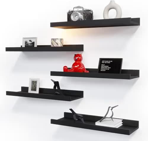 RICHER HOUSE Floating Wall Shelves, 16 in, Black (5-Pack) image