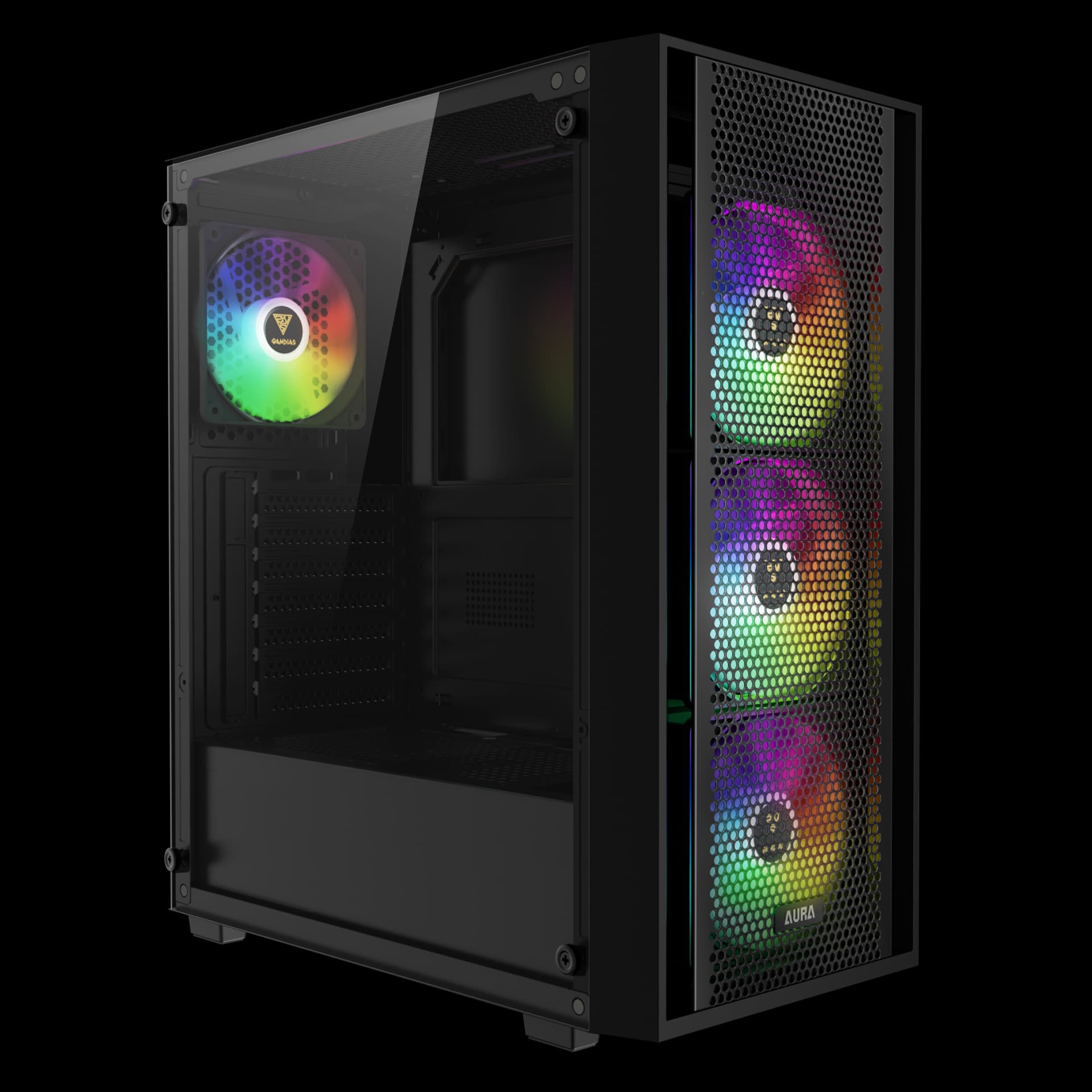 GAMDIAS AURA GC2 ELITE ATX Mid Tower Black with Tempered Glass Side Panel and USB 3.2 Gen 1 Type-A, USB 2.0 Type-A image