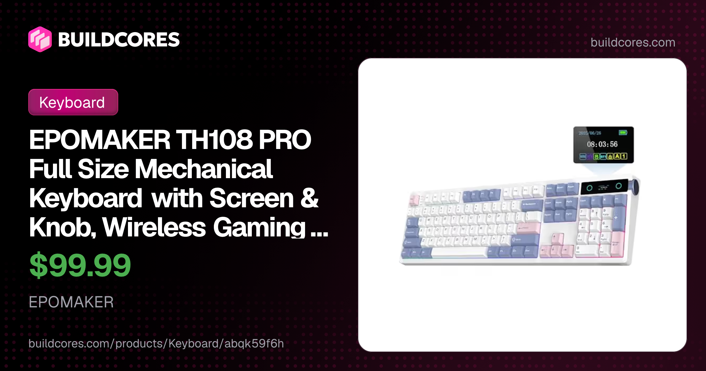 EPOMAKER TH108 V2 PRO Tastiera Meccanica Full Size con Schermo e Manopola, 10000mAh, BT/2.4Ghz, Tasti PBT per Mac, Hot Swap, Luci RGB, Tastiera Wireless Gaming per Mac/PC (Rosa, Sea Salt Silent