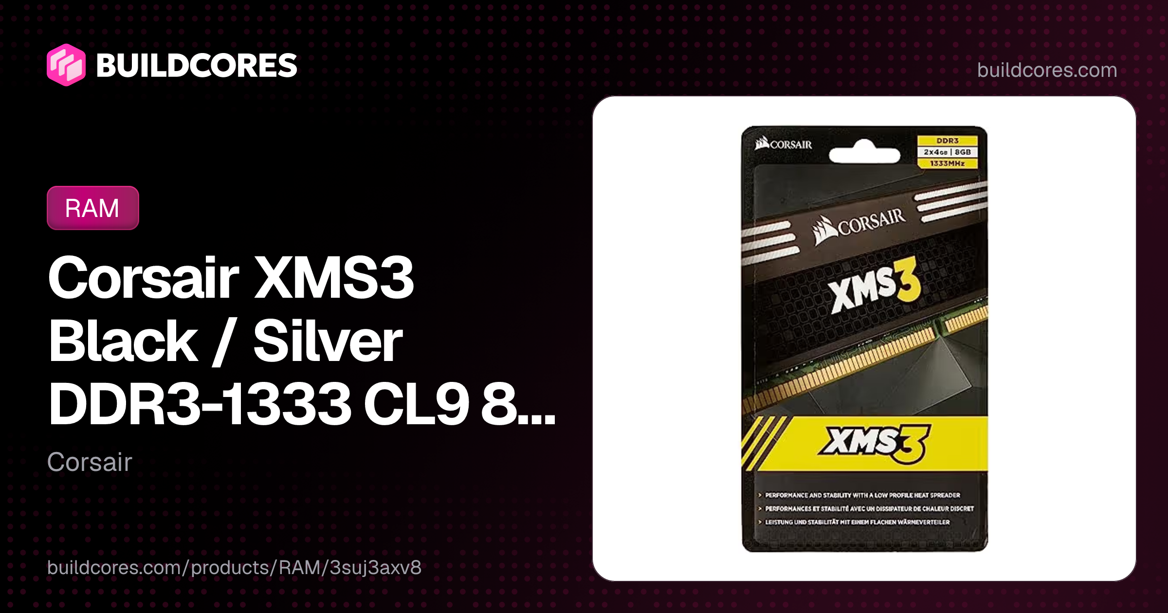 Corsair XMS3 Black / Silver DDR3-1333 CL9 8GB (2x4GB) | BuildCores