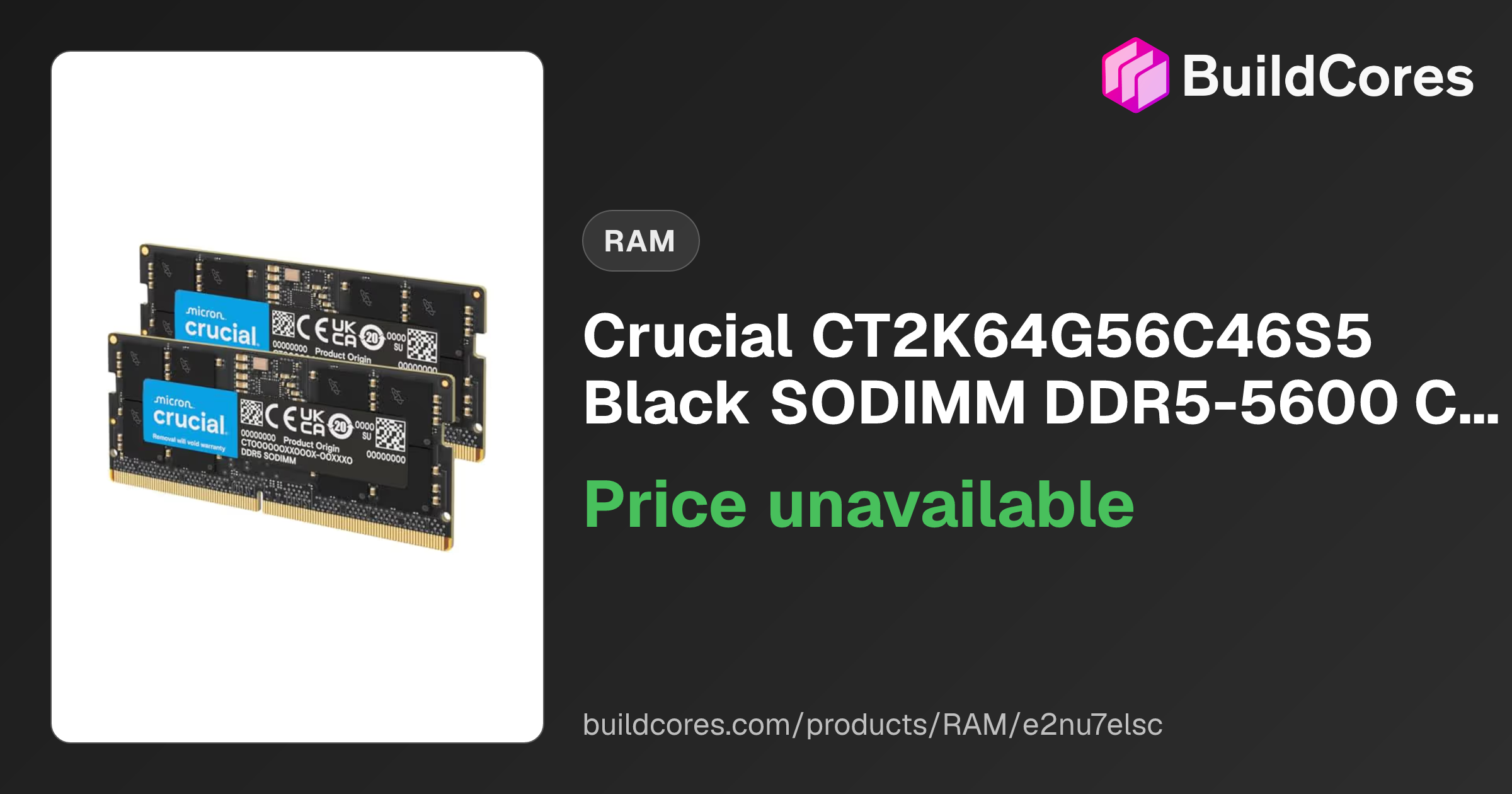 Crucial CT2K64G56C46S5 Black SODIMM DDR5-5600 CL46 128GB (2x64GB 